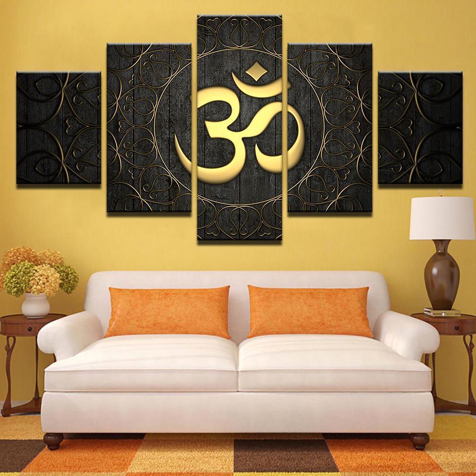 Buddha Om Yoga Golden Symbol - Religion 5 Panel Canvas Art Wall Decor Buddha Om Yoga Golden Symbol - Religion 5 Panel Canvas Art Wall Decor