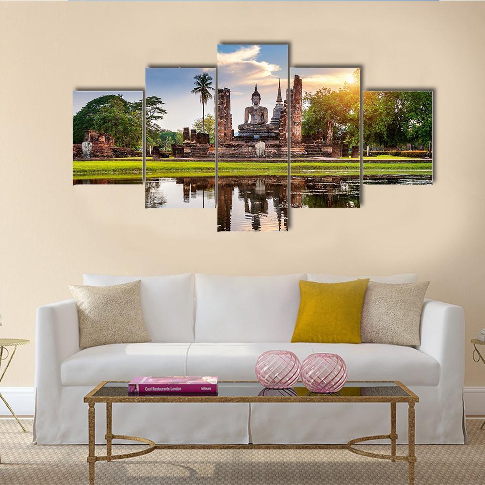 Buddha Statue And Wat Mahathat Temple - Nature 5 Panel Canvas Art Wall Decor Buddha Statue And Wat Mahathat Temple - Nature 5 Panel Canvas Art Wall Decor