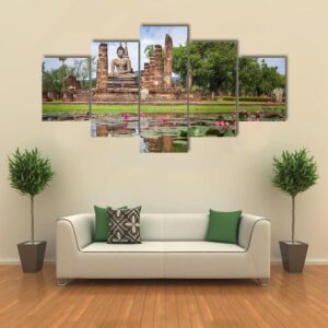 Buddha Statue At Wat Mahathat In Thailand - Religion 5 Panel Canvas Art Wall Decor