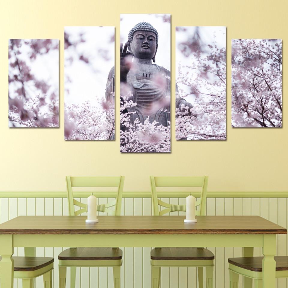 Buddha Statue Cherry Blossoms Flower - Religion 5 Panel Canvas Art Wall Decor Buddha Statue Cherry Blossoms Flower - Religion 5 Panel Canvas Art Wall Decor