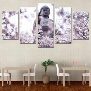 Buddha Statue in flower 01 - Religion 5 Panel Canvas Art Wall Decor