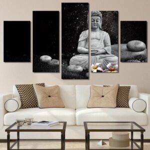 Buddha Stones And Flowers Black And White - Religion 5 Panel Canvas Art Wall Decor