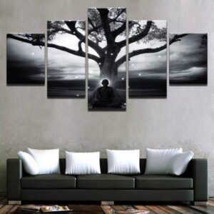 Buddha Tree Meditation Split - Religion 5 Panel Canvas Art Wall Decor
