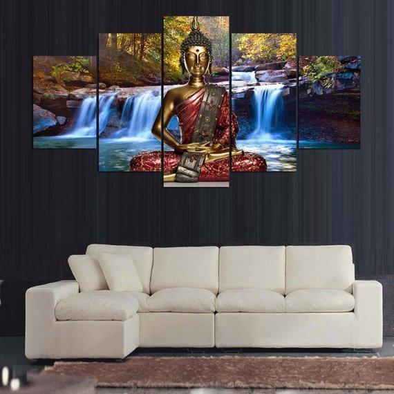 Buddha Waterfalls Relaxation - Religion 5 Panel Canvas Art Wall Decor Buddha Waterfalls Relaxation - Religion 5 Panel Canvas Art Wall Decor