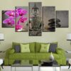 Buddha With Flower Moth Orchid Stone Candle - Religion 5 Panel Canvas Art Wall Decor