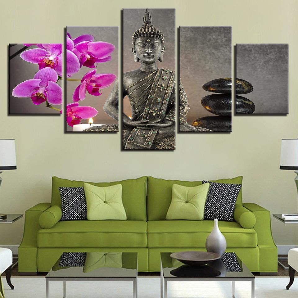 Buddha With Flower Moth Orchid Stone Candle - Religion 5 Panel Canvas Art Wall Decor Buddha With Flower Moth Orchid Stone Candle - Religion 5 Panel Canvas Art Wall Decor