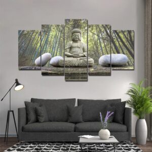 Buddha statue in Forest - Religion 5 Panel Canvas Art Wall Decor