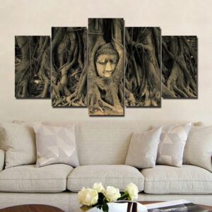 Buddha statue tree root - Religion 5 Panel Canvas Art Wall Decor