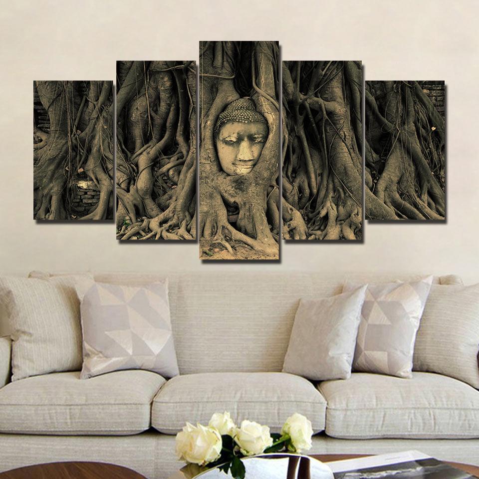 Buddha statue tree root - Religion 5 Panel Canvas Art Wall Decor Buddha statue tree root - Religion 5 Panel Canvas Art Wall Decor