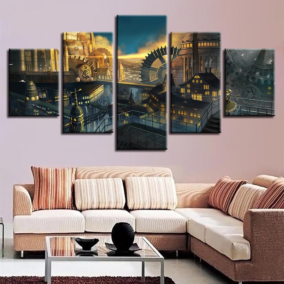 Building And Gear Wheel - Nature 5 Panel Canvas Art Wall Decor Building And Gear Wheel - Nature 5 Panel Canvas Art Wall Decor