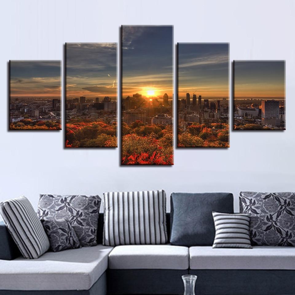 Building City Sunset Sunshine Beautiful - Nature 5 Panel Canvas Art Wall Decor Building City Sunset Sunshine Beautiful - Nature 5 Panel Canvas Art Wall Decor