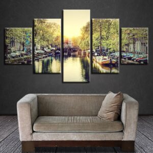 Building River Landscape - Nature 5 Panel Canvas Art Wall Decor