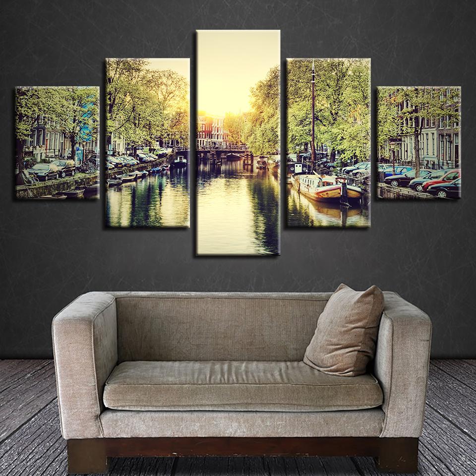 Building River Landscape - Nature 5 Panel Canvas Art Wall Decor Building River Landscape - Nature 5 Panel Canvas Art Wall Decor