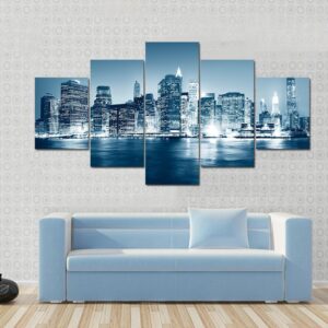 Building Skyscraper Panoramic Night New York City Concept - Nature 5 Panel Canvas Art Wall Decor