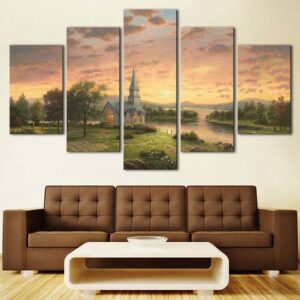 Buildings House And River Trees Sunset - Nature 5 Panel Canvas Art Wall Decor