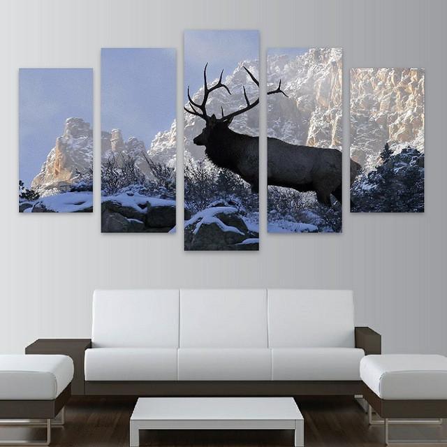 Bull Elk On Snowy Mountain Side - Animal 5 Panel Canvas Art Wall Decor Bull Elk On Snowy Mountain Side - Animal 5 Panel Canvas Art Wall Decor