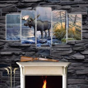 Bull Moose Crossing Stream - Animal 5 Panel Canvas Art Wall Decor