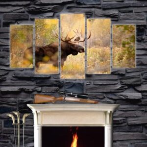 Bull Moose In Woods - Animal 5 Panel Canvas Art Wall Decor