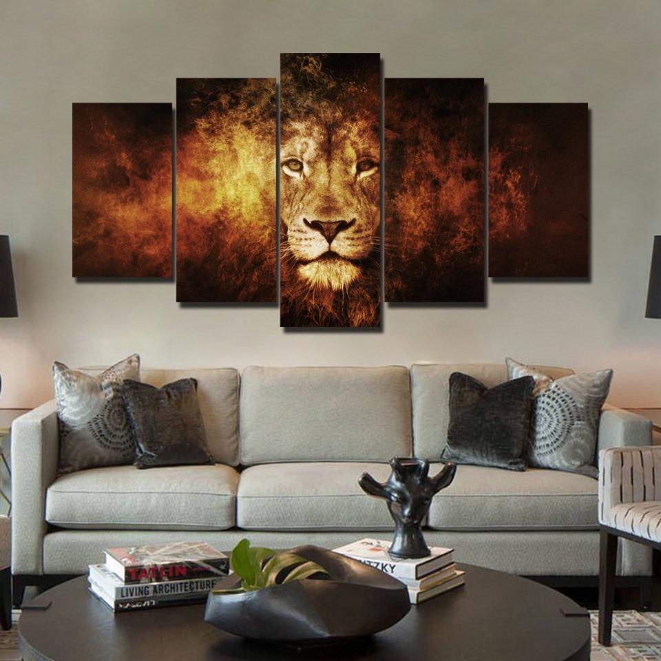 Burning Lion in Fire - Animal 5 Panel Canvas Art Wall Decor Burning Lion in Fire - Animal 5 Panel Canvas Art Wall Decor