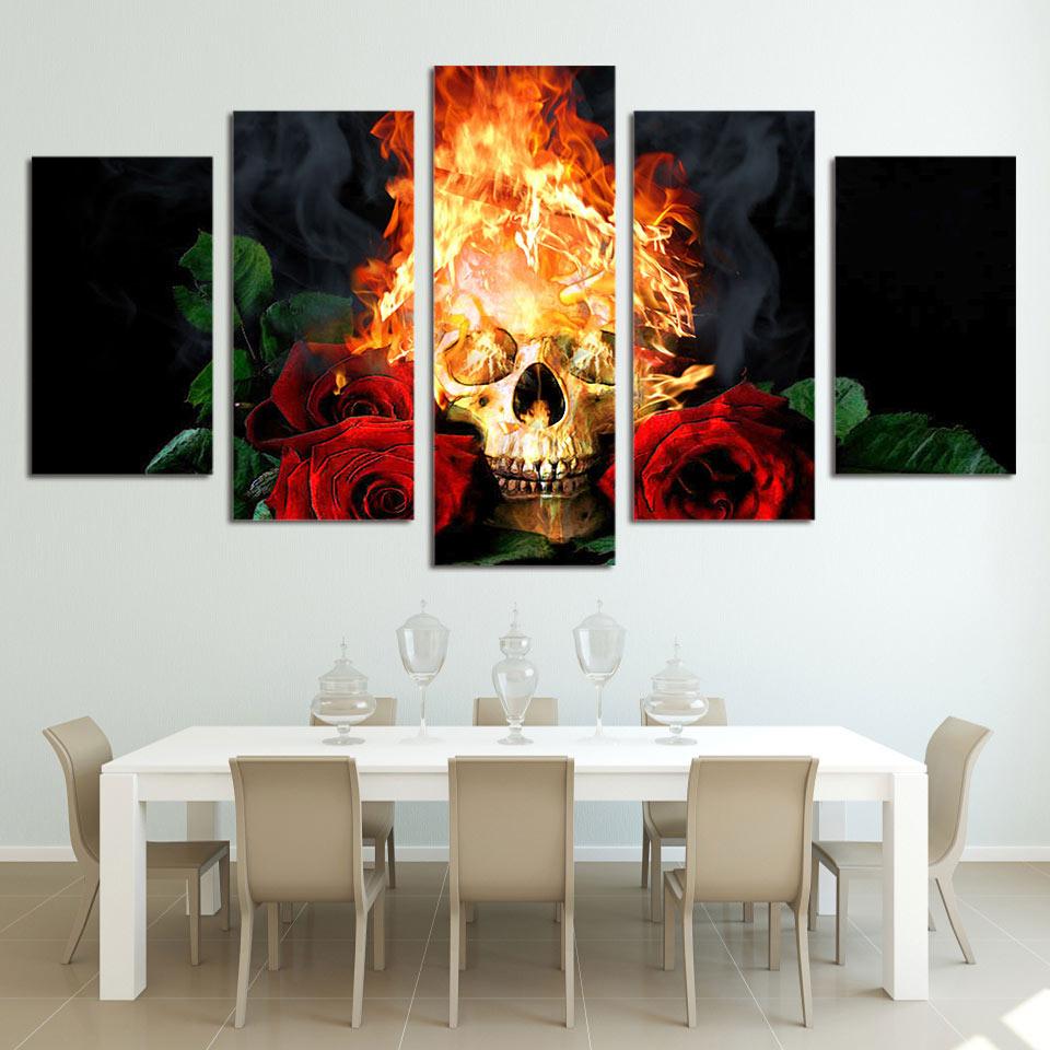 Burning Skull and Rose - Abstract 5 Panel Canvas Art Wall Decor Burning Skull and Rose - Abstract 5 Panel Canvas Art Wall Decor