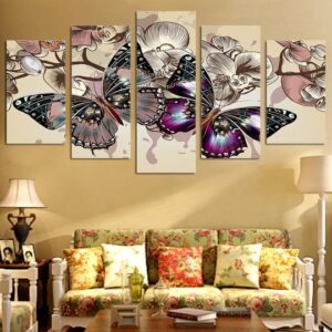 Butterflies And Flowers Butterfly - Nature 5 Panel Canvas Art Wall Decor
