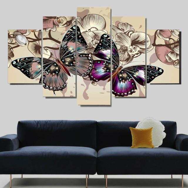 Butterflies Modern - Abstract Animal 5 Panel Canvas Art Wall Decor Butterflies Modern - Abstract Animal 5 Panel Canvas Art Wall Decor