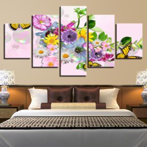 Butterfly And Colorful Flowers - Nature 5 Panel Canvas Art Wall Decor