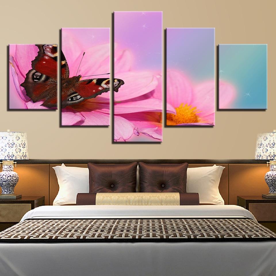 Butterfly And Pink Flower - Nature 5 Panel Canvas Art Wall Decor Butterfly And Pink Flower - Nature 5 Panel Canvas Art Wall Decor