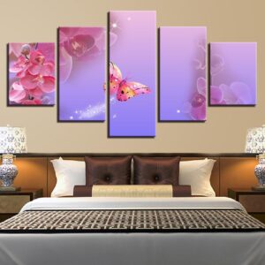Butterfly And Purple Flower 02 - Nature 5 Panel Canvas Art Wall Decor