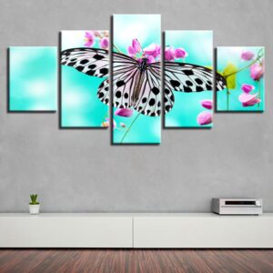 Butterfly And Purple Flower - Nature 5 Panel Canvas Art Wall Decor