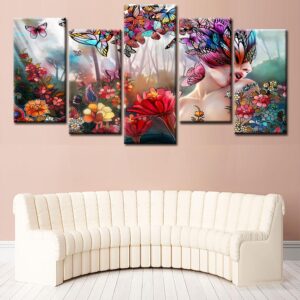 Butterfly Girl Flowers - Abstract 5 Panel Canvas Art Wall Decor