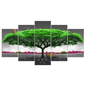 Butterfly Green Tree - Nature 5 Panel Canvas Art Wall Decor