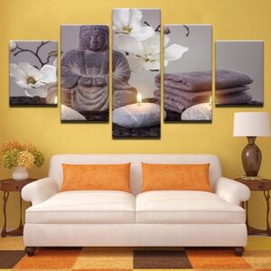 Butterfly Orchid With Buddha - Religion 5 Panel Canvas Art Wall Decor