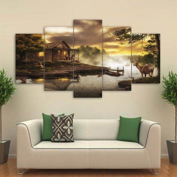 Cabin By The Lake 02 - Nature 5 Panel Canvas Art Wall Decor Cabin By The Lake 02 - Nature 5 Panel Canvas Art Wall Decor