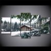 Cabin In Snow Winter Scene - Nature 5 Panel Canvas Art Wall Decor