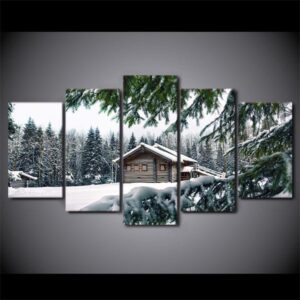 Cabin In Snow Winter Scene - Nature 5 Panel Canvas Art Wall Decor