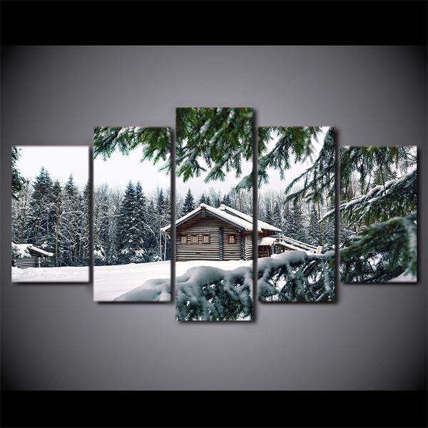 Cabin In Snow Winter Scene - Nature 5 Panel Canvas Art Wall Decor Cabin In Snow Winter Scene - Nature 5 Panel Canvas Art Wall Decor