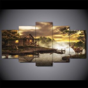 Cabin On The Lake Deer Nature River Nature - 5 Panel Canvas Art Wall Decor