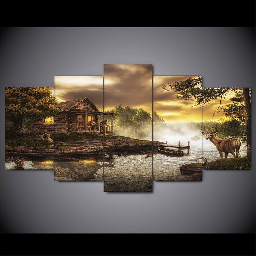 Cabin On The Lake Deer Nature River Nature - 5 Panel Canvas Art Wall Decor Cabin On The Lake Deer Nature River Nature - 5 Panel Canvas Art Wall Decor