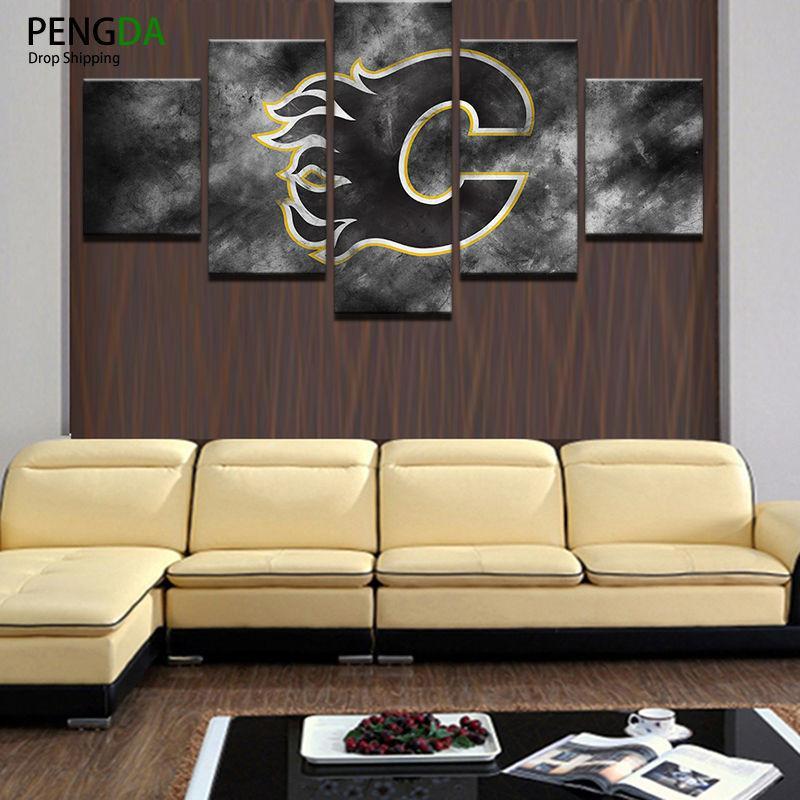 Calgary Flames Black Logo - Sport 5 Panel Canvas Art Wall Decor Calgary Flames Black Logo - Sport 5 Panel Canvas Art Wall Decor