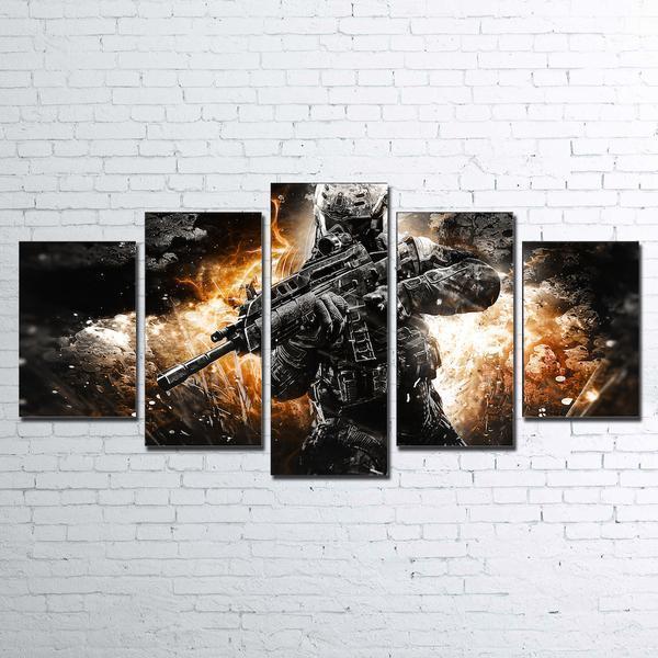 Call Of Duty Black Action Army - 5 Panel Canvas Art Wall Decor Call Of Duty Black Action Army - 5 Panel Canvas Art Wall Decor