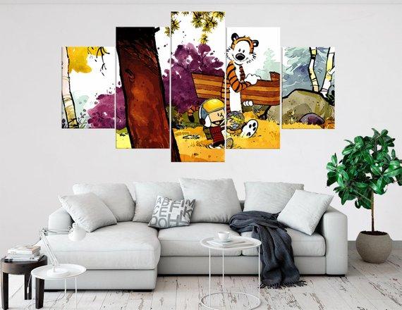 Calvin And Hobbes Playing Cartoon - 5 Panel Canvas Art Wall Decor Calvin And Hobbes Playing Cartoon - 5 Panel Canvas Art Wall Decor