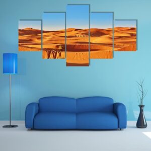 Camel Caravan Going Through The Sand Dunes - Nature 5 Panel Canvas Art Wall Decor