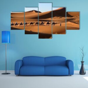Camel Caravan In Sand Dunes 1 - Nature 5 Panel Canvas Art Wall Decor