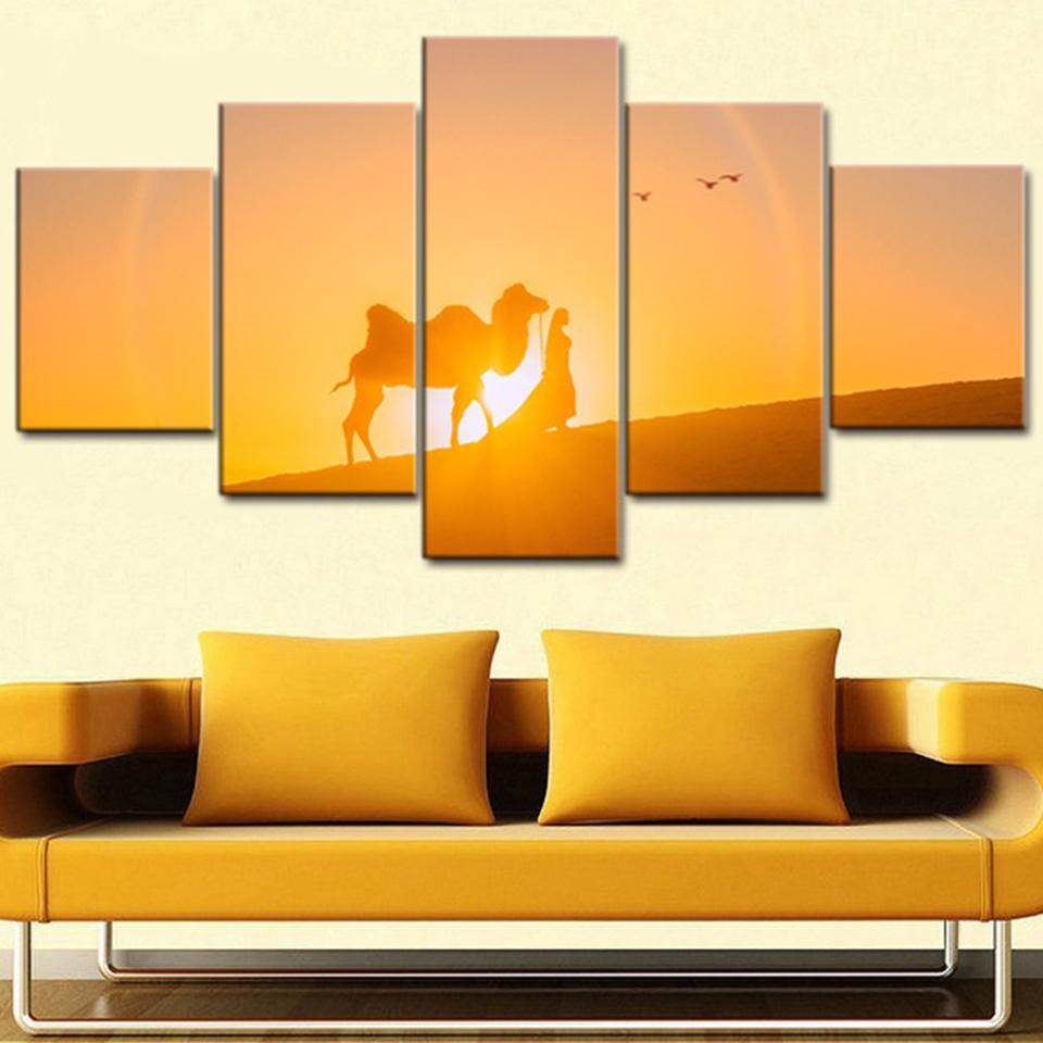 Camel Desert Sunset - Nature 5 Panel Canvas Art Wall Decor Camel Desert Sunset - Nature 5 Panel Canvas Art Wall Decor