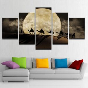Camel Team Porter Full Moon In Desert - Nature 5 Panel Canvas Art Wall Decor
