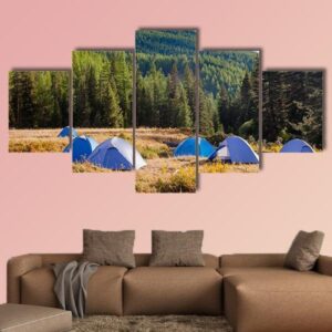 Camping Tents On A River Shore In Altai Mountains - Nature 5 Panel Canvas Art Wall Decor