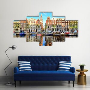 Canal Houses Of Amsterdam At Dusk - Nature 5 Panel Canvas Art Wall Decor
