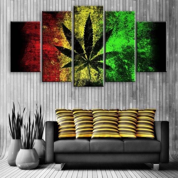 Cannabis Leaf - Abstract 5 Panel Canvas Art Wall Decor Cannabis Leaf - Abstract 5 Panel Canvas Art Wall Decor