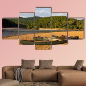 Canoes On The Bank Of The Buffalo River - Nature 5 Panel Canvas Art Wall Decor